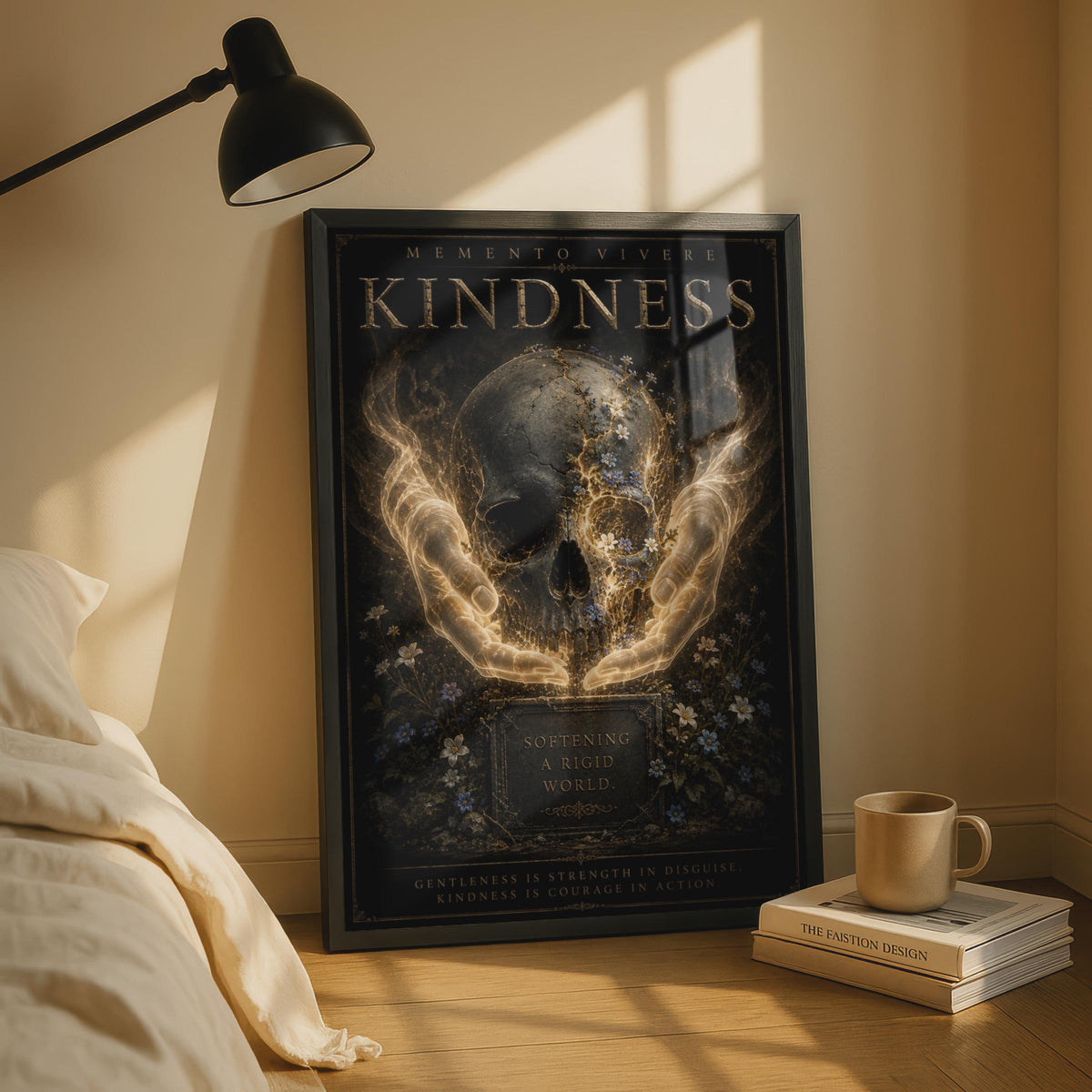 Kindness Skull Floral Dark Gothic Poster, Memento Vivere Motivational Wall Art Print
