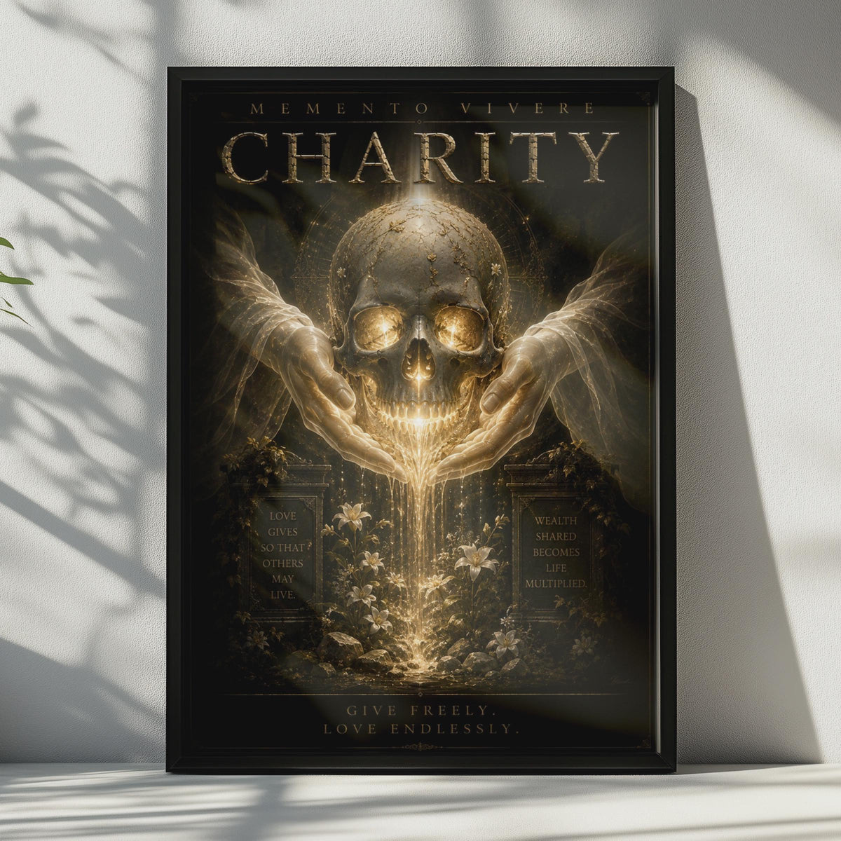 Charity Memento Vivere Skull Poster, Dark Gothic Gold Wall Art, Motivational Quote Print