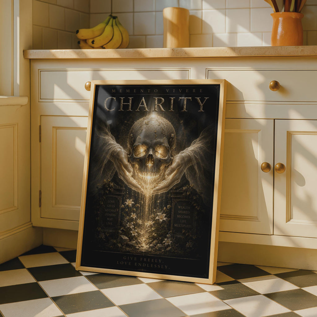 Charity Memento Vivere Skull Poster, Dark Gothic Gold Wall Art, Motivational Quote Print