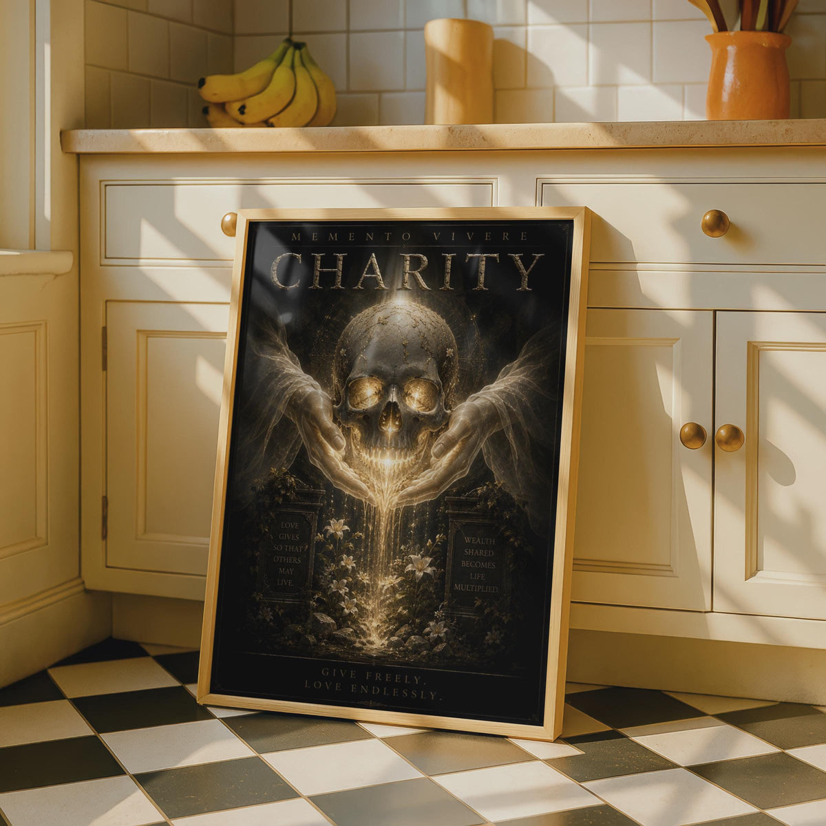 Charity Memento Vivere Skull Poster, Dark Gothic Gold Wall Art, Motivational Quote Print