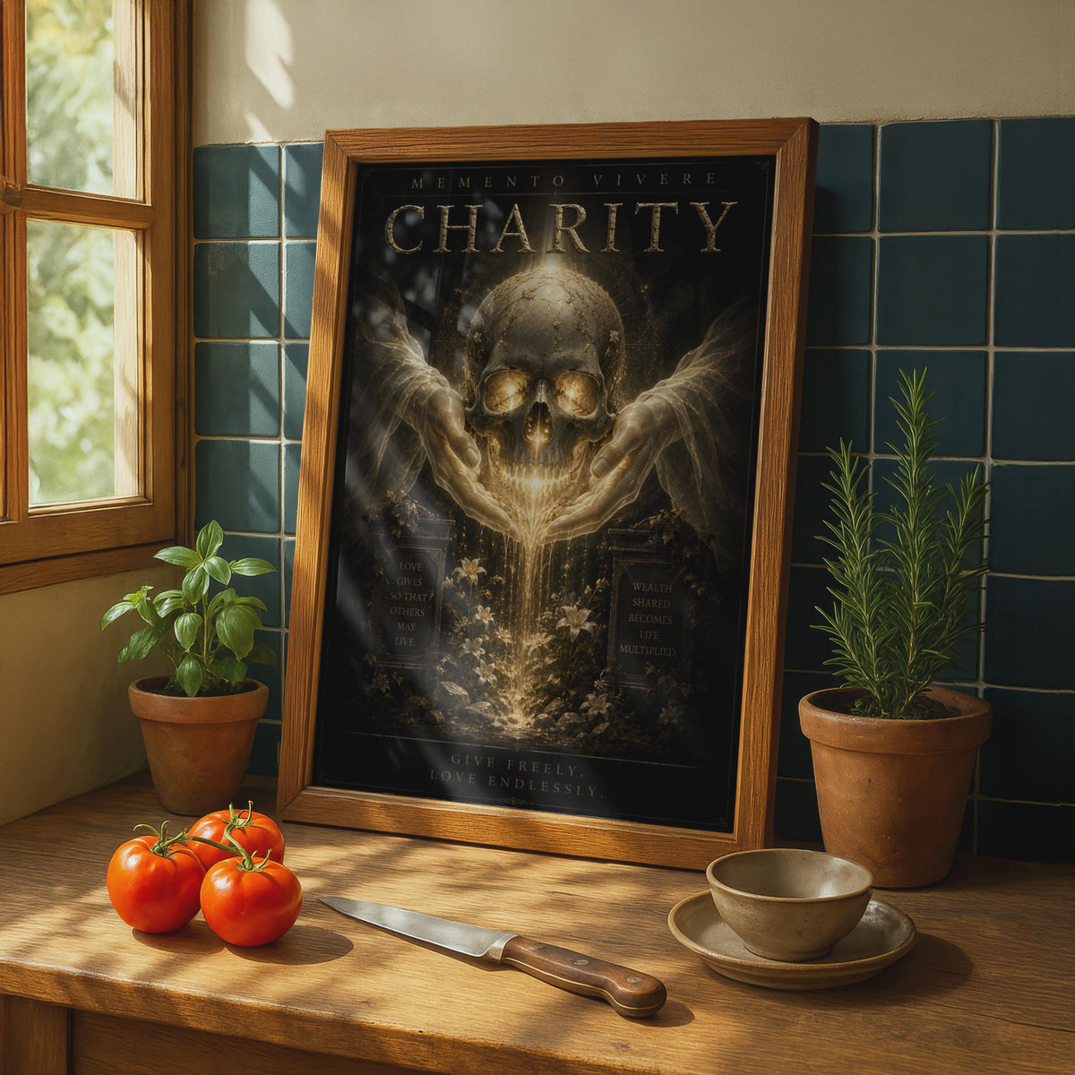 Charity Memento Vivere Skull Poster, Dark Gothic Gold Wall Art, Motivational Quote Print