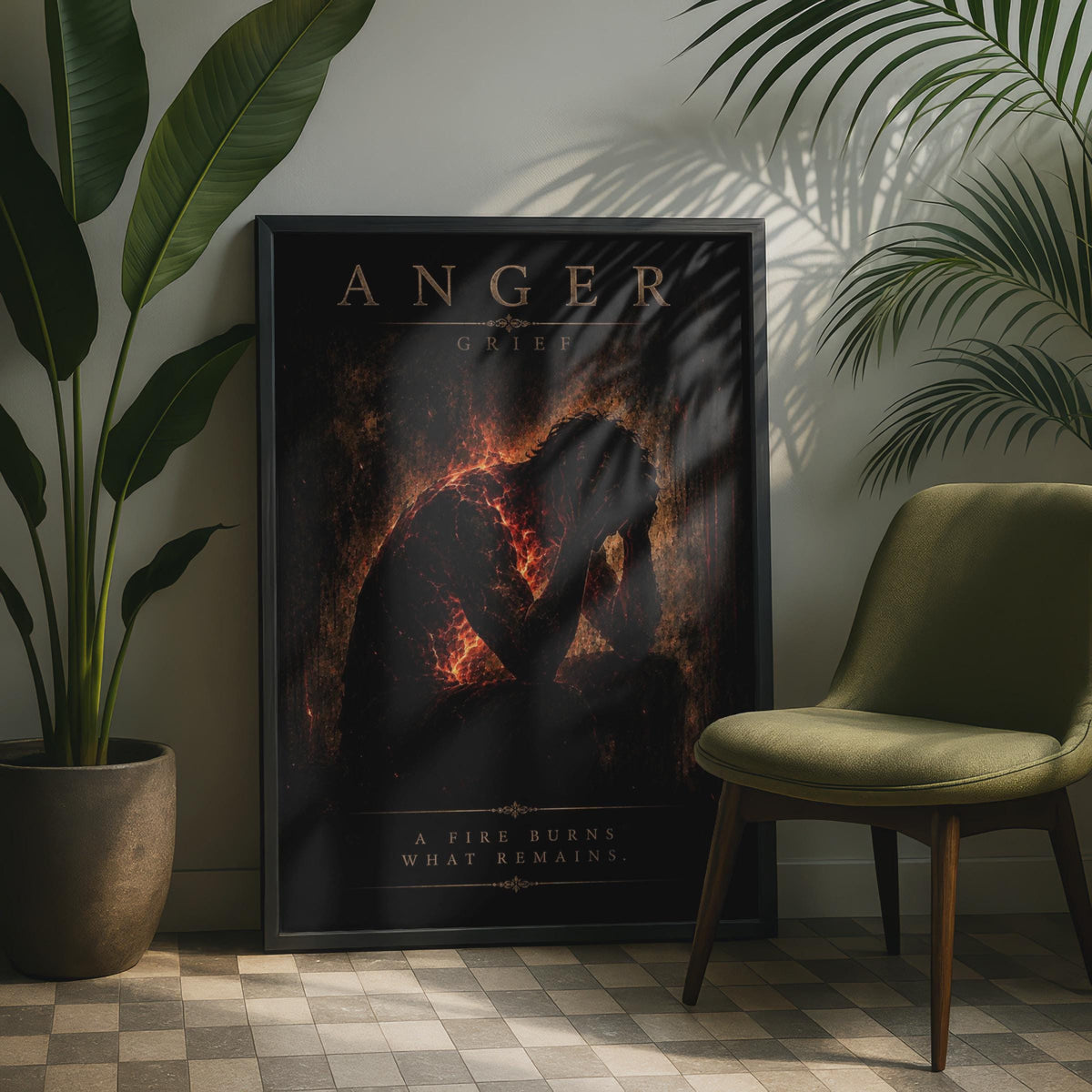 Anger Grief Fire Silhouette Poster, Dark Academia Gothic Wall Art