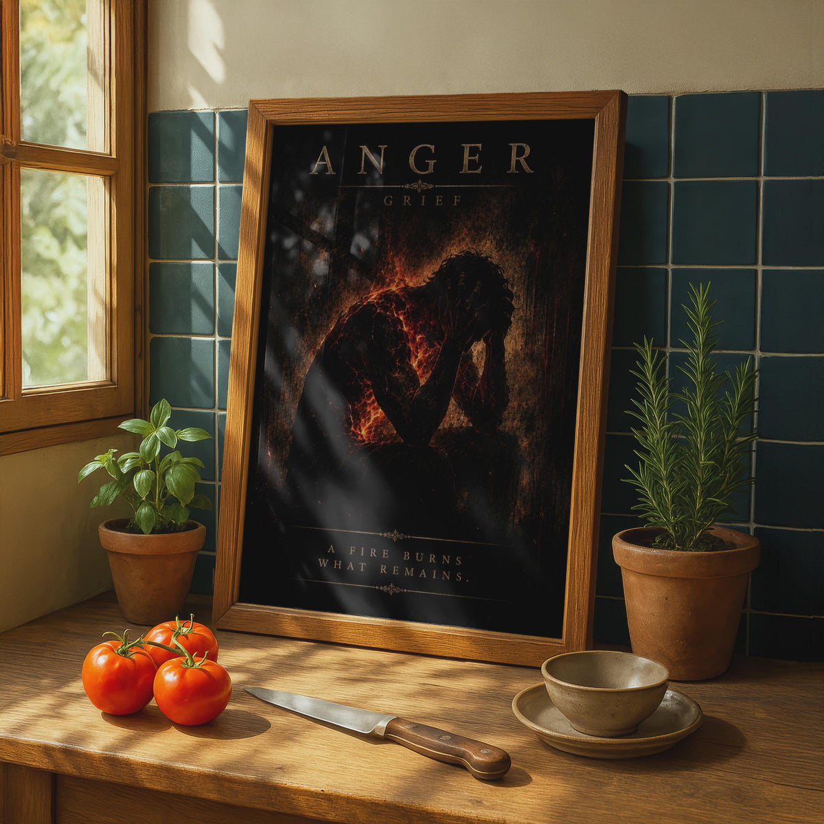 Anger Grief Fire Silhouette Poster, Dark Academia Gothic Wall Art