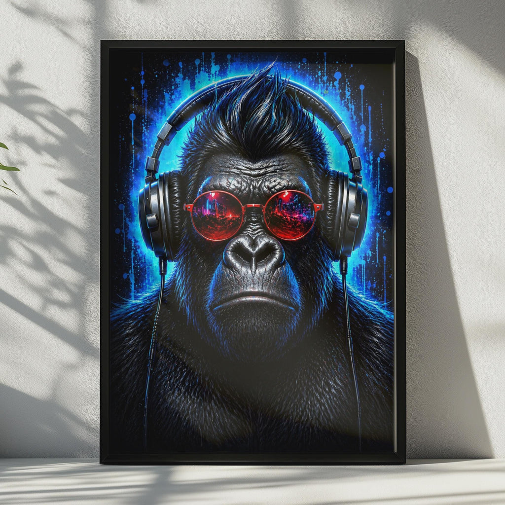 Gorilla DJ Poster, Neon Blue Electric Ape Wall Art, Red Sunglasses Headphones Print