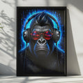 Gorilla DJ Poster, Neon Blue Electric Ape Wall Art, Red Sunglasses Headphones Print
