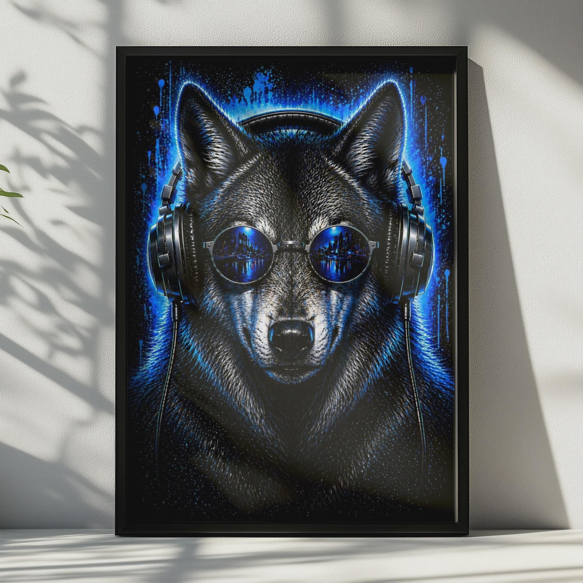 Wolf DJ Headphones Neon Art Print, Dark Gaming Room Wall Decor