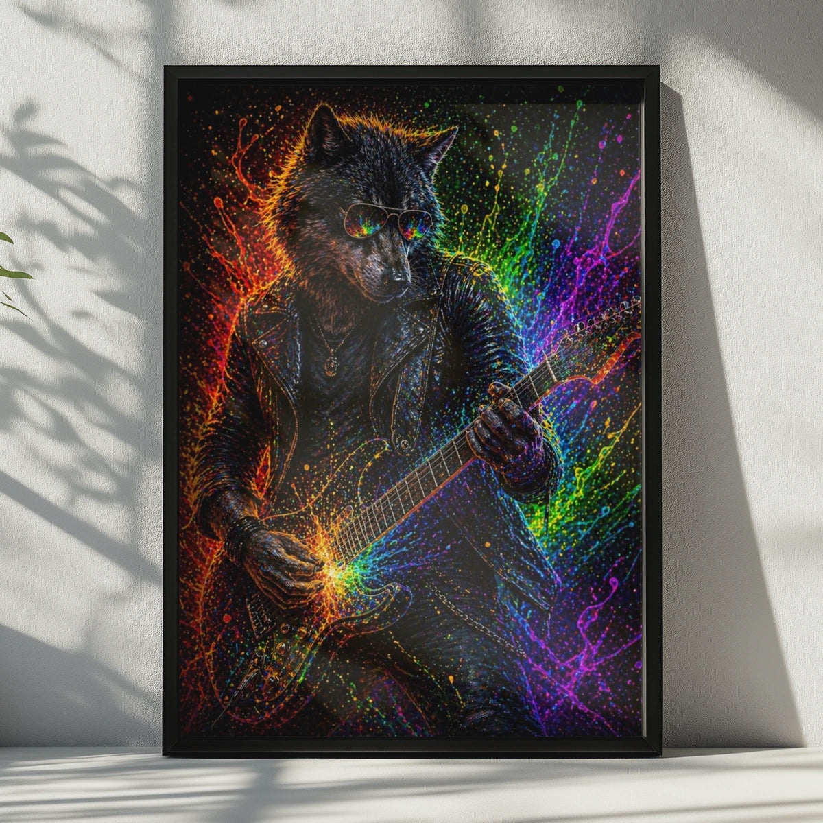 Wolf Guitar Poster, Neon Rock Animal Wall Art, Colourful Music Print for Music Room