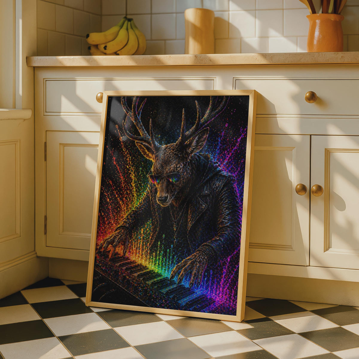Stag Playing Piano Poster, Neon Animal Keyboard Art Print, Colourful Music Wall Decor