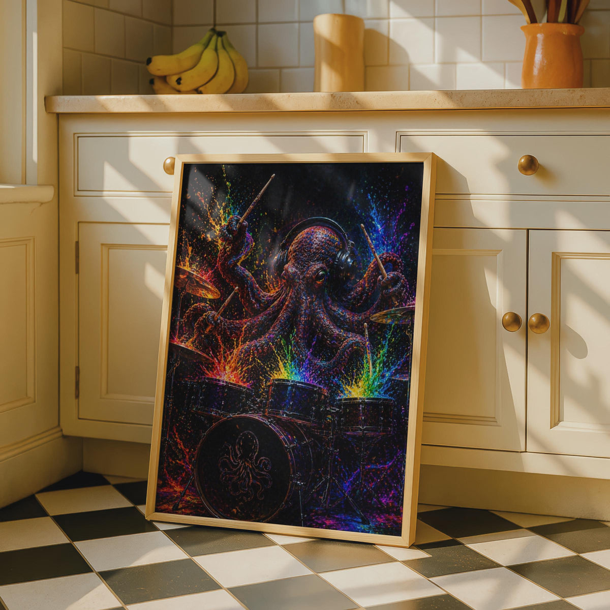 Octopus Drummer Poster, Colourful Music Wall Art, Psychedelic Animal Print for Studio
