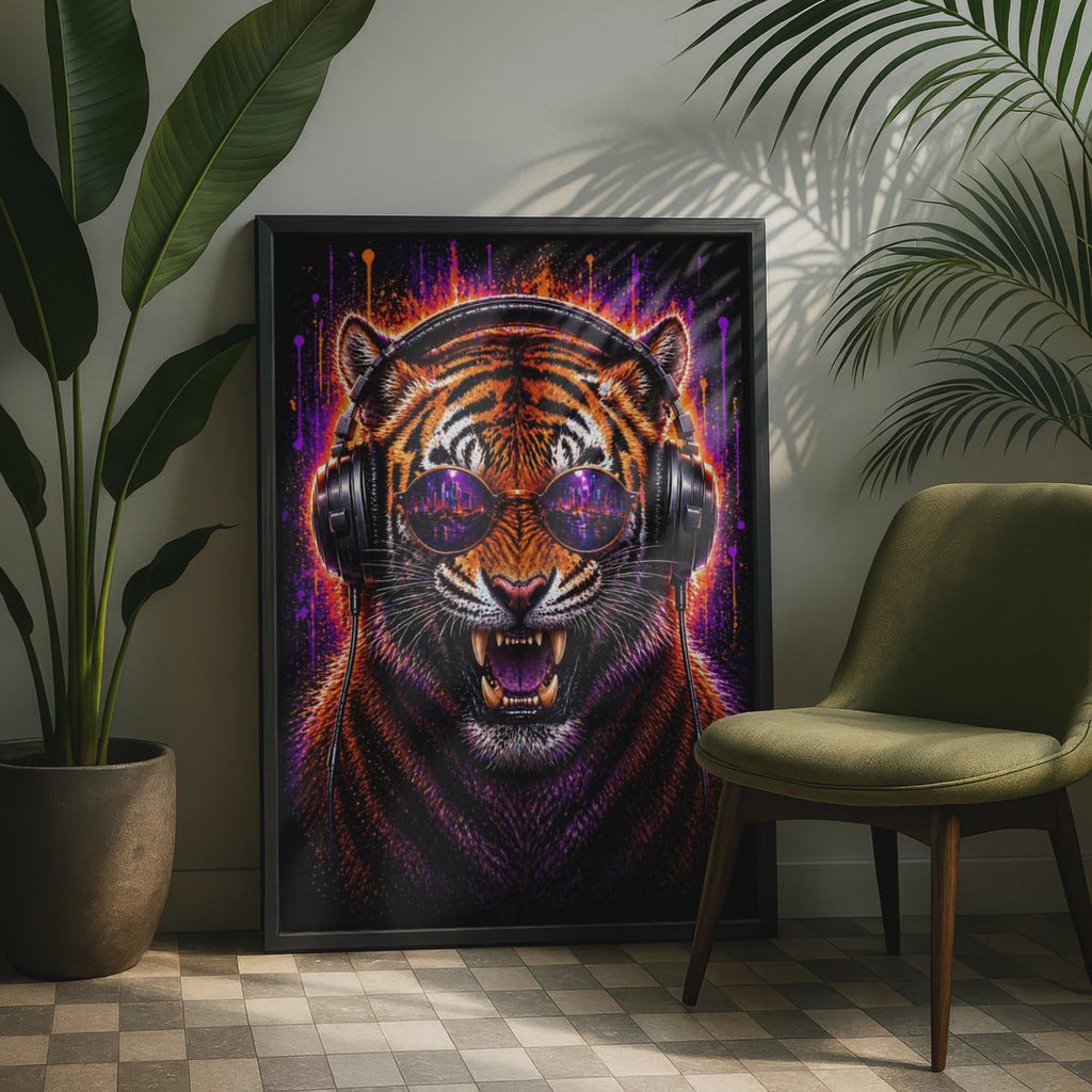 Tiger DJ Headphones Poster, Neon City Sunglasses, Orange Purple Paint Splash Wall Art