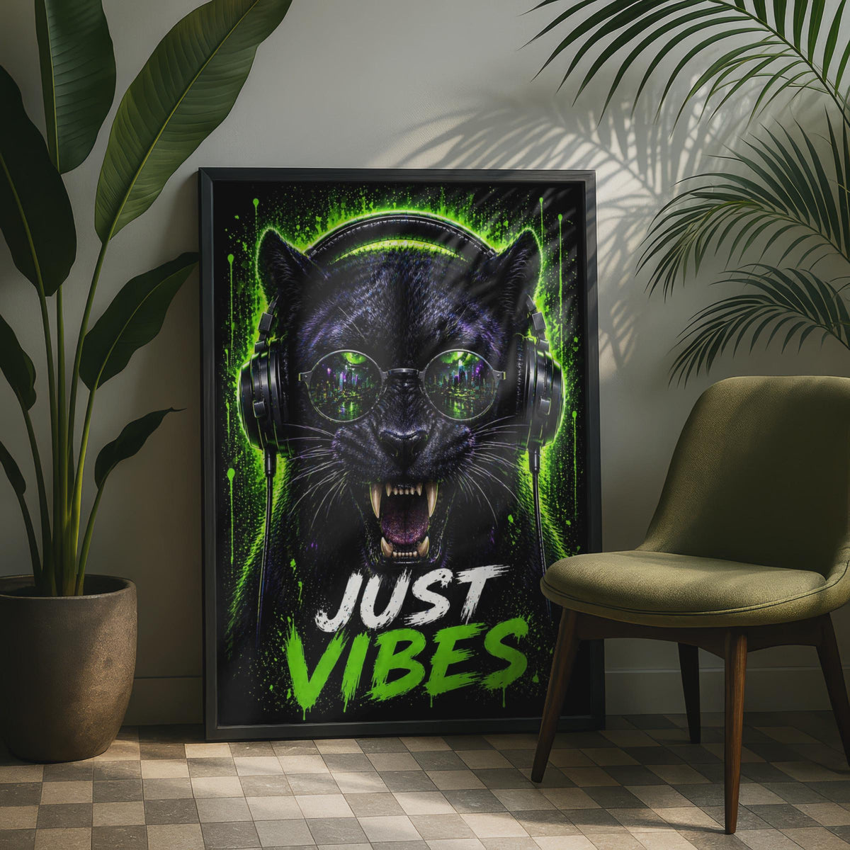 Black Panther Neon Green Music Poster, DJ Headphones Wall Art (Physical Print)