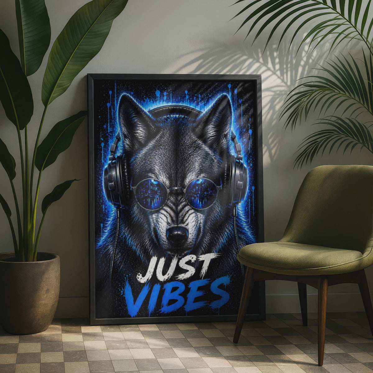Neon Blue Wolf Headphones Poster, DJ Music Wall Art Print