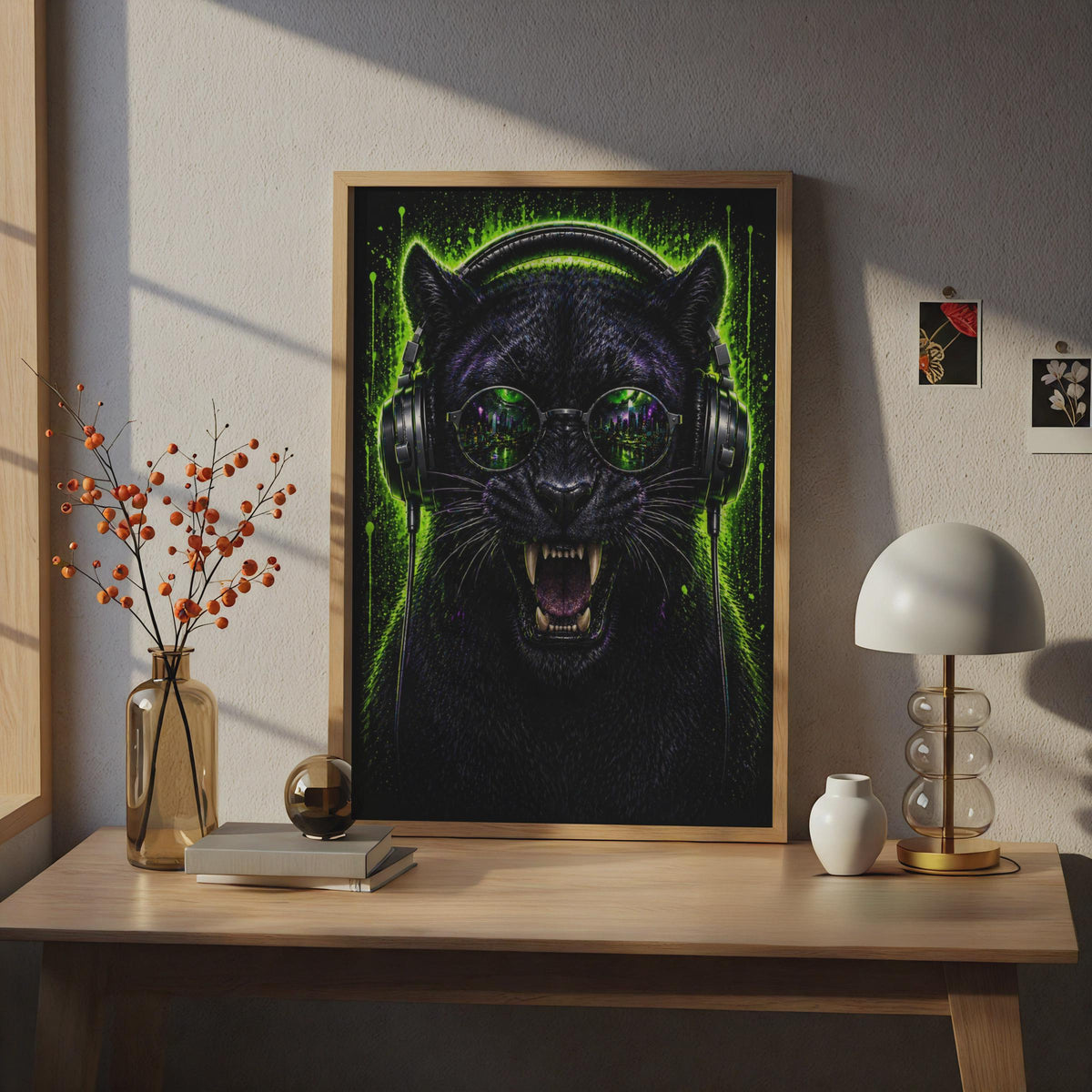 Black Panther Neon Headphones Cyberpunk Cityscape Poster