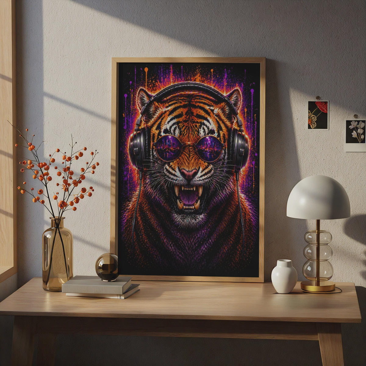 Tiger DJ Headphones Poster, Neon City Sunglasses, Orange Purple Paint Splash Wall Art