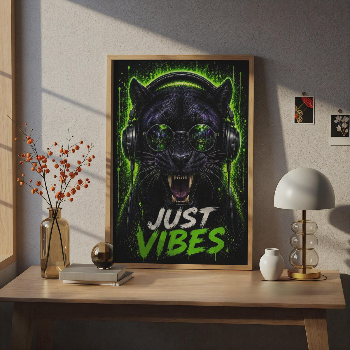 Black Panther Neon Green Music Poster, DJ Headphones Wall Art (Physical Print)
