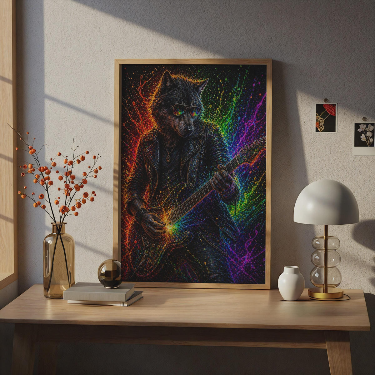 Wolf Guitar Poster, Neon Rock Animal Wall Art, Colourful Music Print for Music Room