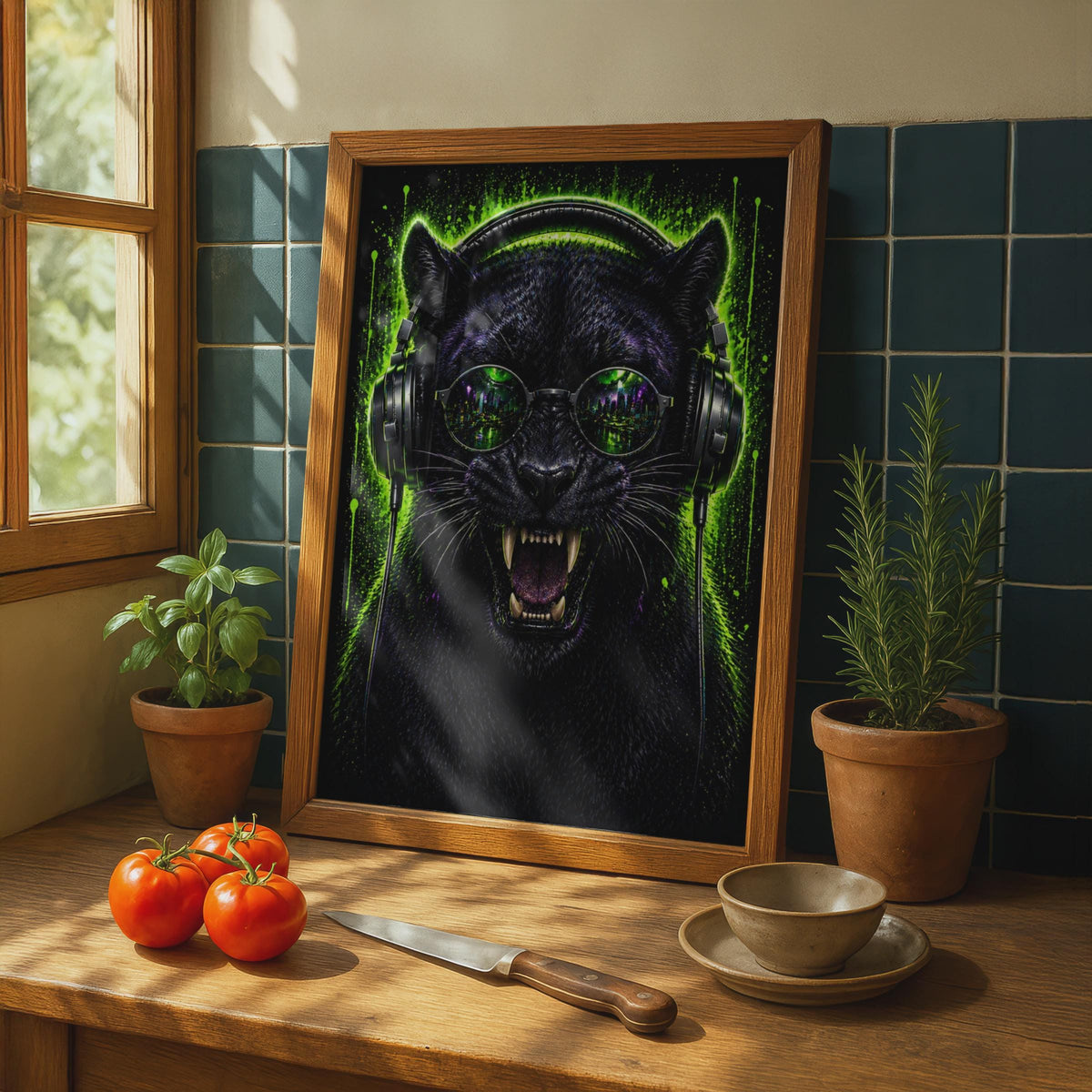 Black Panther Neon Headphones Cyberpunk Cityscape Poster