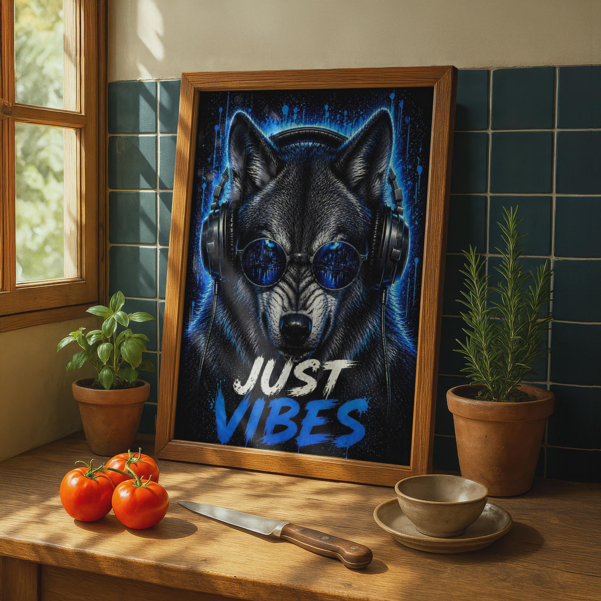 Neon Blue Wolf Headphones Poster, DJ Music Wall Art Print