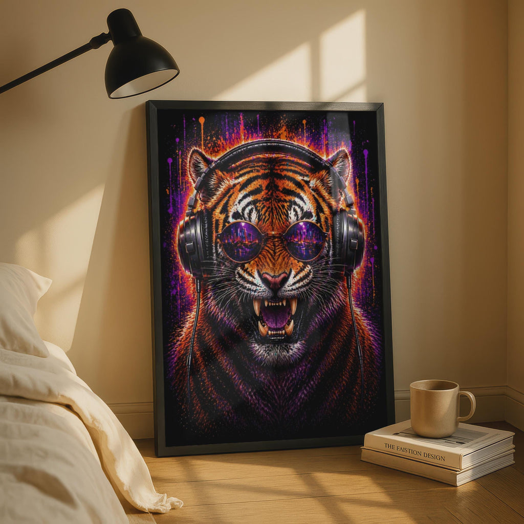 Tiger DJ Headphones Poster, Neon City Sunglasses, Orange Purple Paint Splash Wall Art