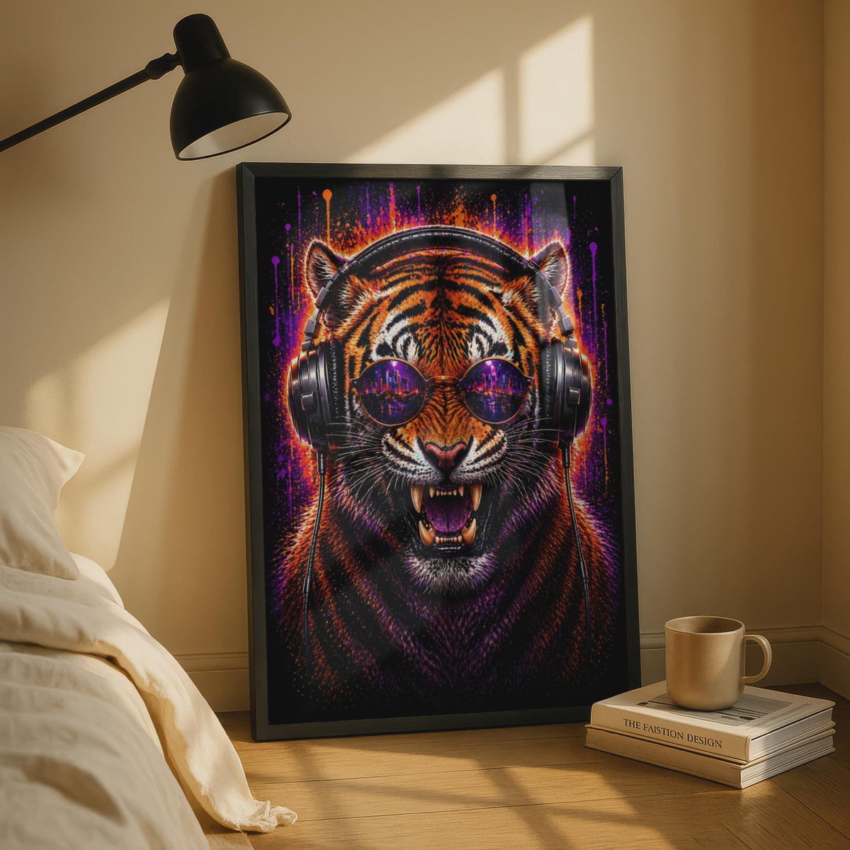 Tiger DJ Headphones Poster, Neon City Sunglasses, Orange Purple Paint Splash Wall Art