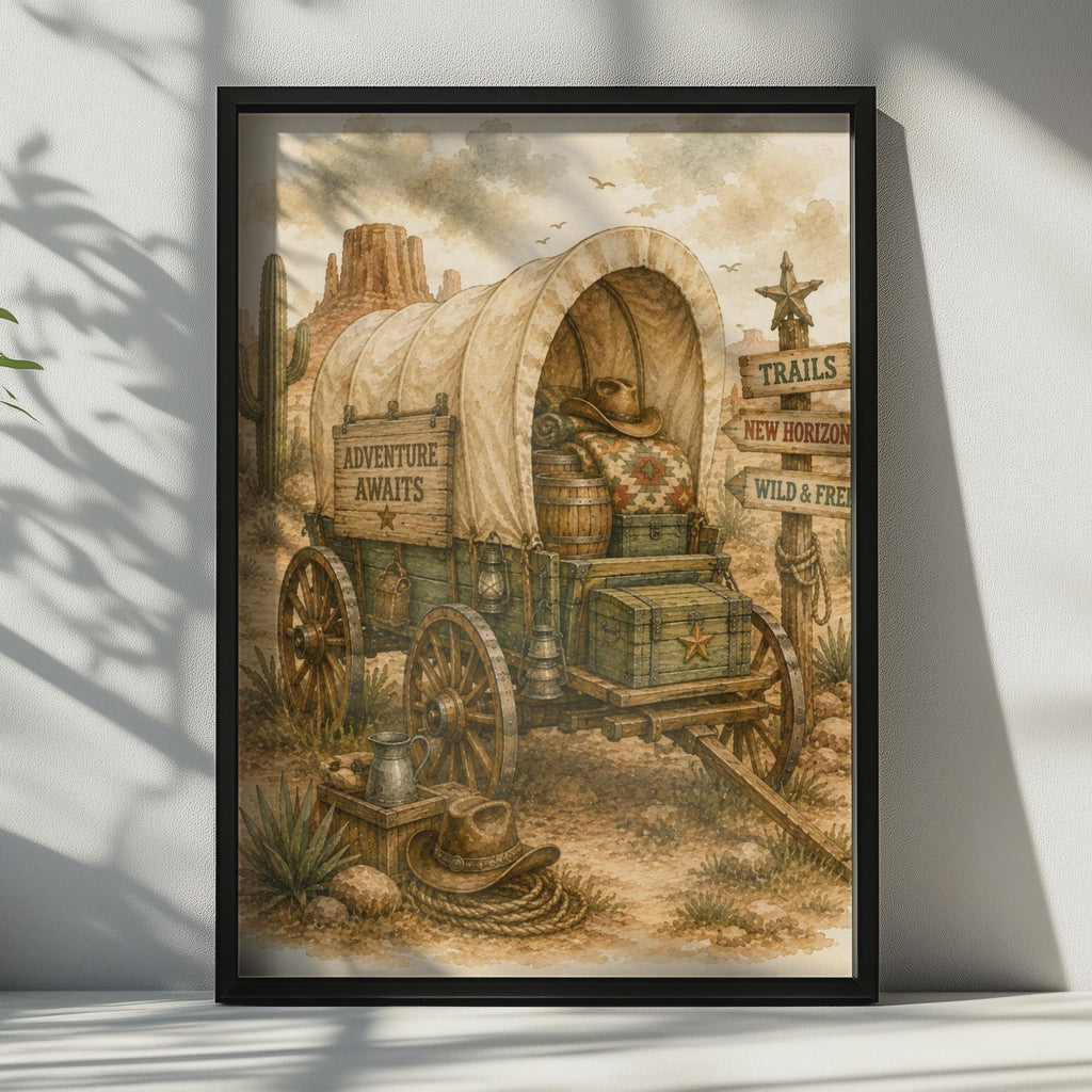 Wild West Covered Wagon Poster, Adventure Awaits Western Wall Art, Vintage Cowboy Desert Print