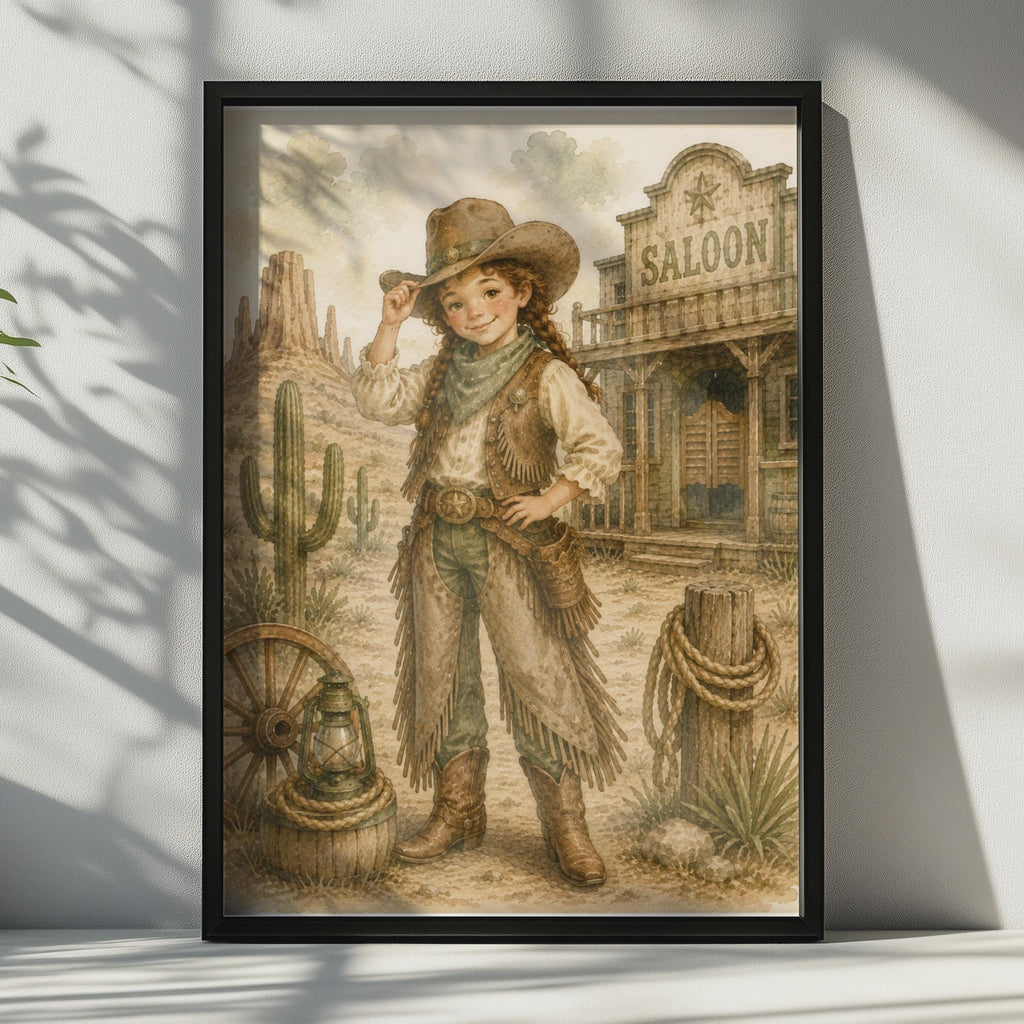 Cowgirl Wild West Poster, Watercolour Western Girl Wall Art, Children's Saloon Desert Decor