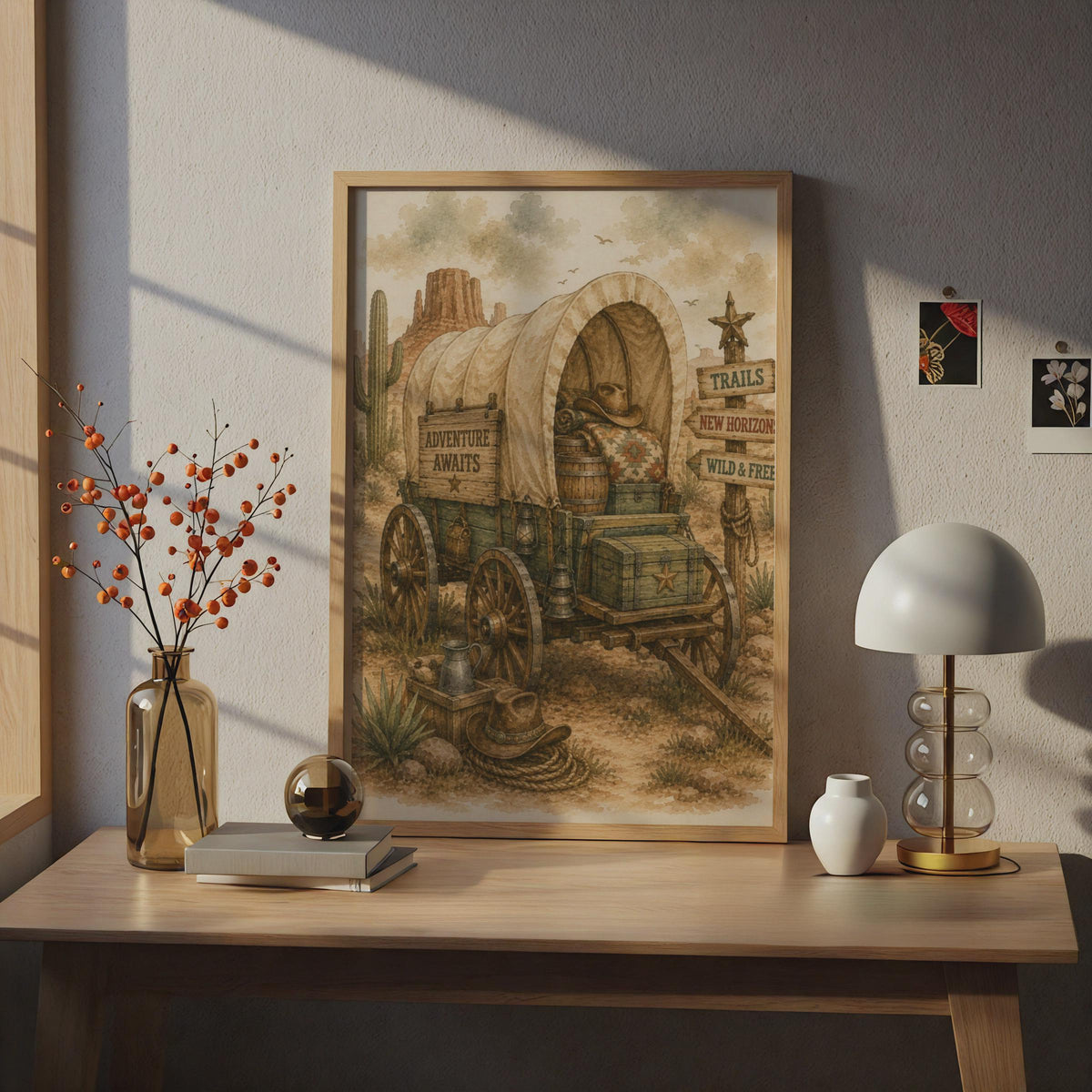 Wild West Covered Wagon Poster, Adventure Awaits Western Wall Art, Vintage Cowboy Desert Print