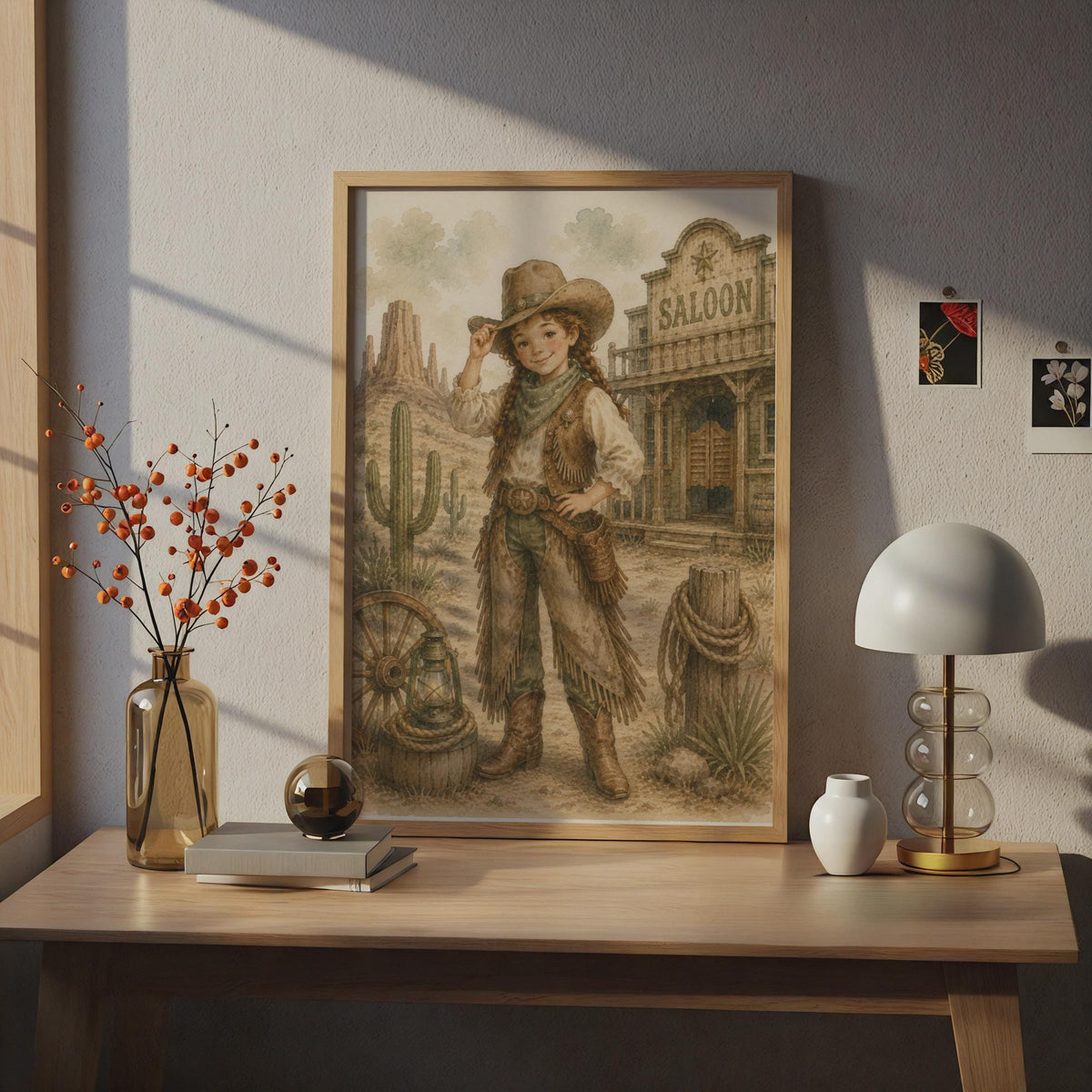 Cowgirl Wild West Poster, Watercolour Western Girl Wall Art, Children's Saloon Desert Decor