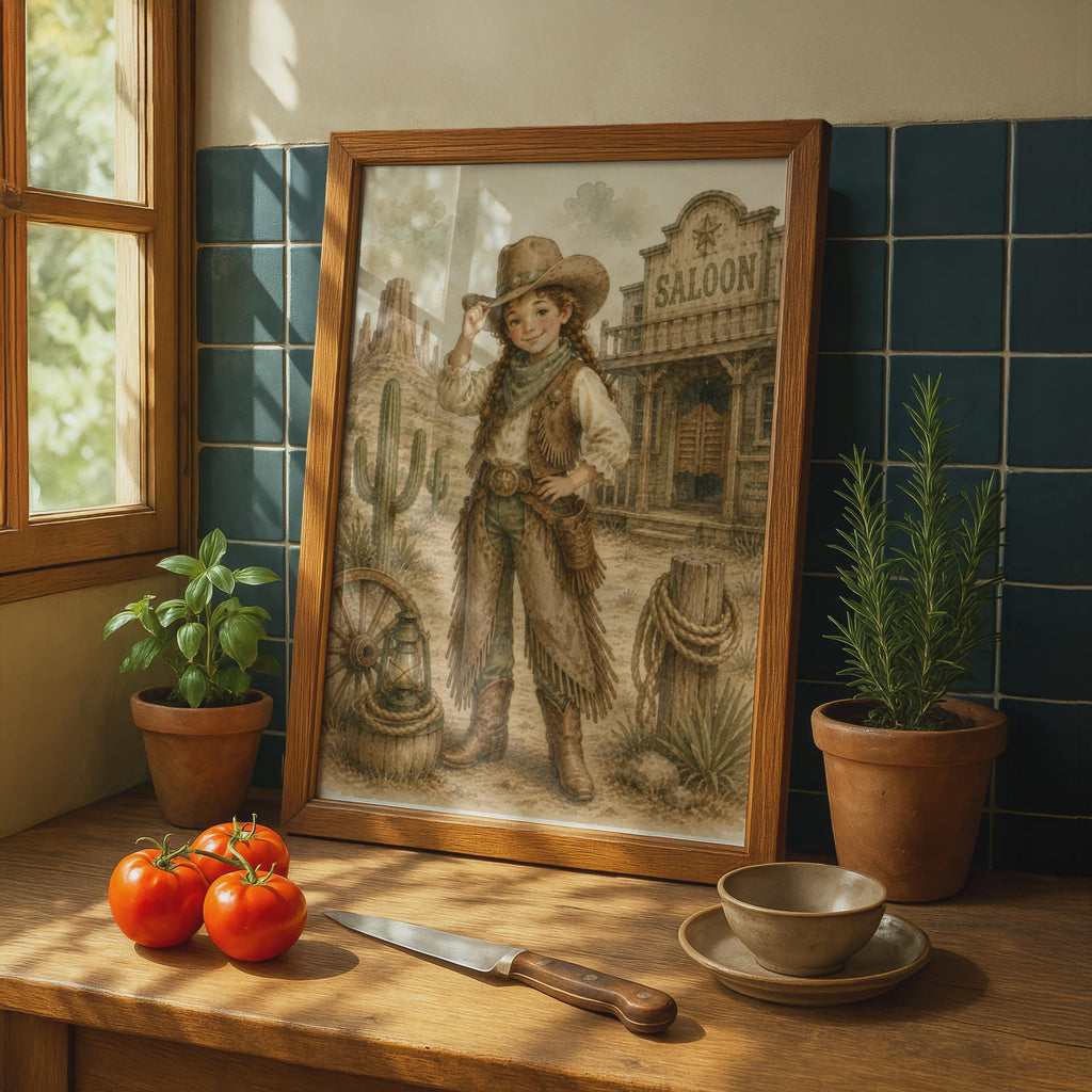 Cowgirl Wild West Poster, Watercolour Western Girl Wall Art, Children's Saloon Desert Decor