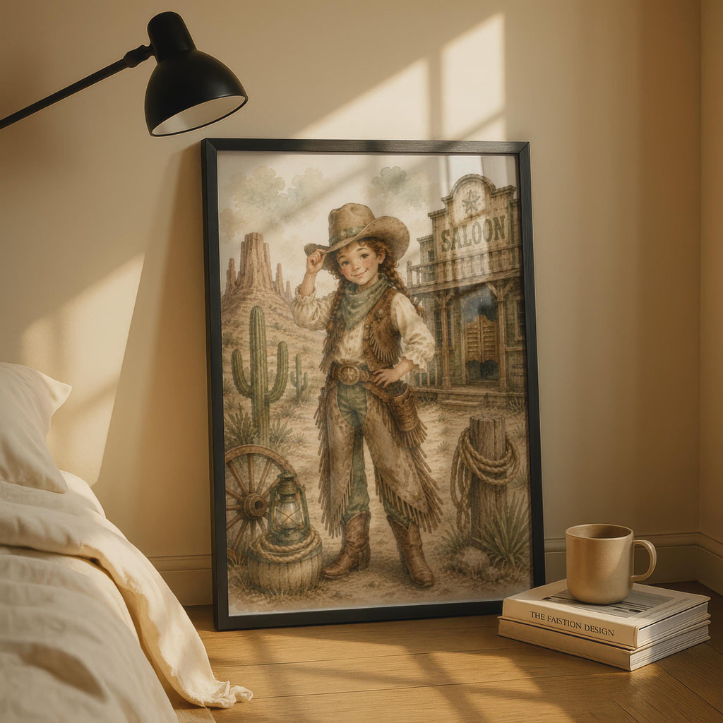 Cowgirl Wild West Poster, Watercolour Western Girl Wall Art, Children's Saloon Desert Decor