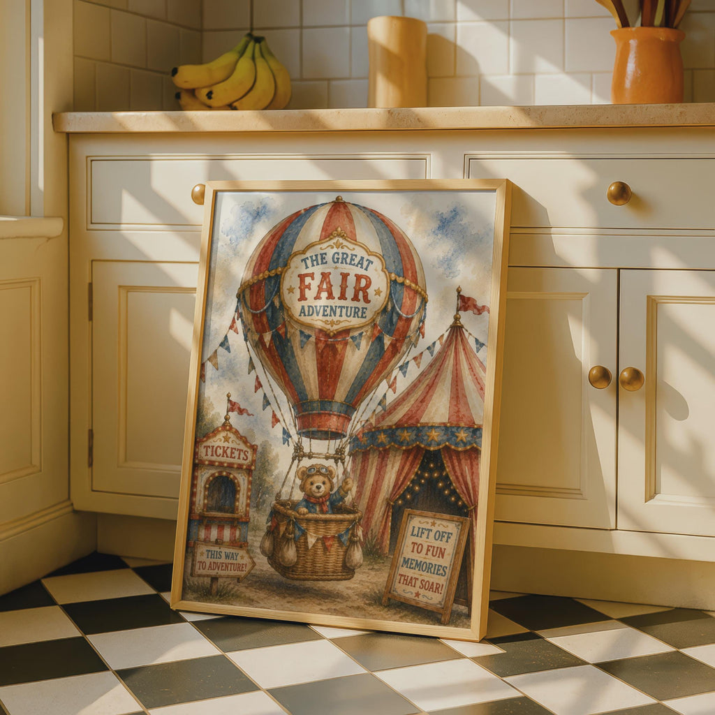 Vintage Circus Fair Teddy Bear Hot Air Balloon Poster, Children's Nursery Wall Art