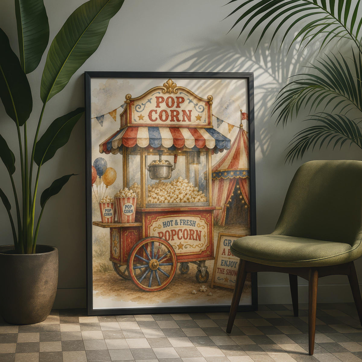 Vintage Circus Popcorn Cart Poster, Retro Fairground Wall Art, Red Blue Carnival Print