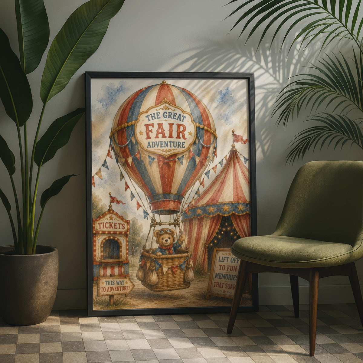 Vintage Circus Fair Teddy Bear Hot Air Balloon Poster, Children's Nursery Wall Art