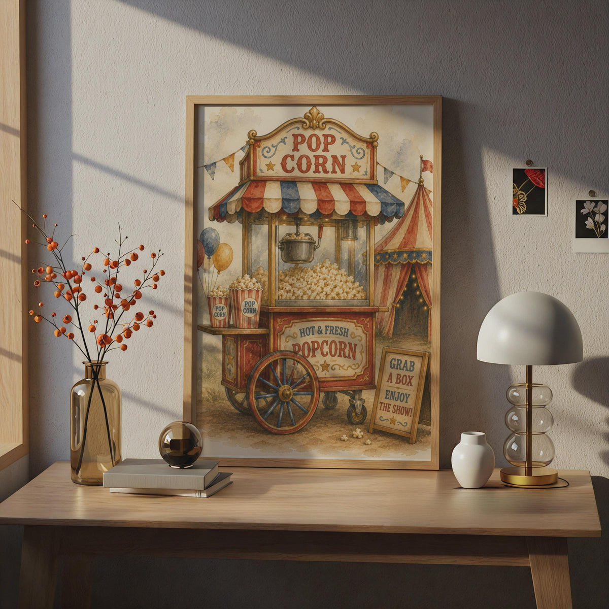 Vintage Circus Popcorn Cart Poster, Retro Fairground Wall Art, Red Blue Carnival Print