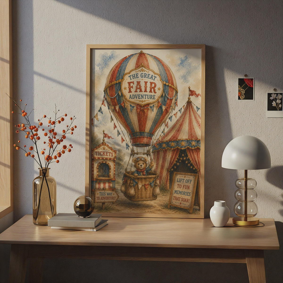 Vintage Circus Fair Teddy Bear Hot Air Balloon Poster, Children's Nursery Wall Art