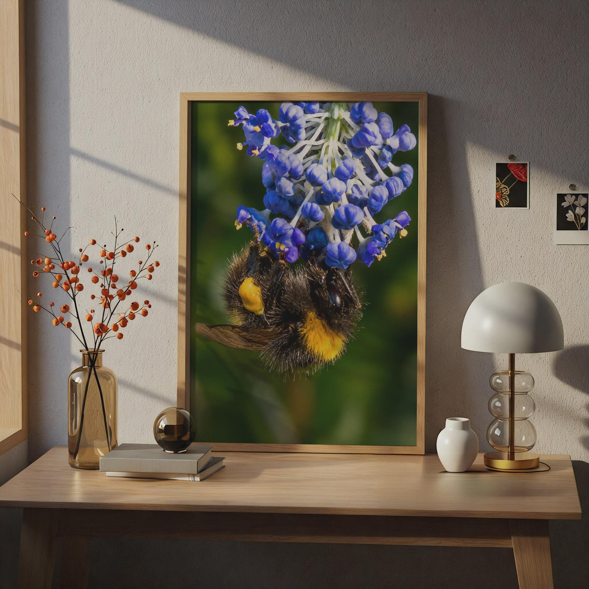 Bumblebee on Grape Hyacinth Poster, Macro Nature Photography, Blue Flower Wall Art