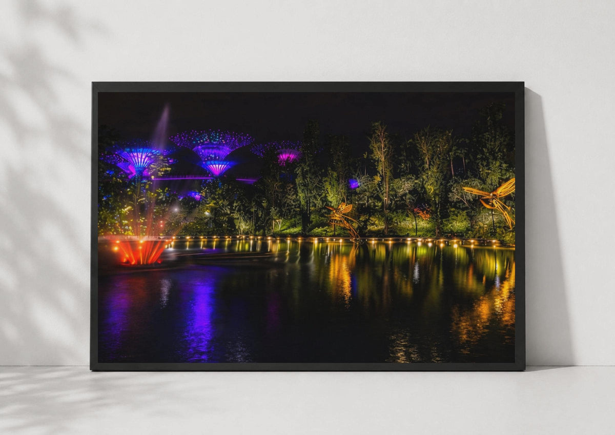 Singapore Gardens by the Bay Night Poster, Supertree Grove Wall Art, Neon City Travel Print