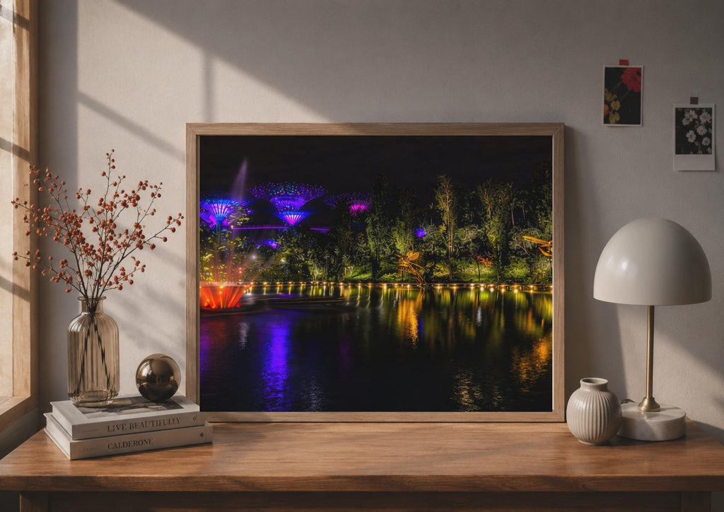 Singapore Gardens by the Bay Night Poster, Supertree Grove Wall Art, Neon City Travel Print