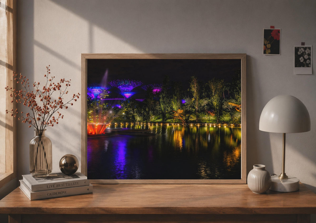 Singapore Gardens by the Bay Night Poster, Supertree Grove Wall Art, Neon City Travel Print