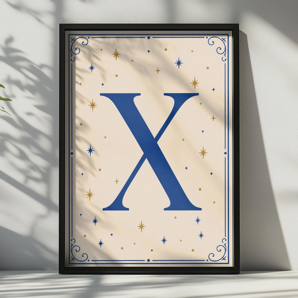 Letter X Monogram Poster, Navy Blue Gold Star Celestial Initial Wall Art Print