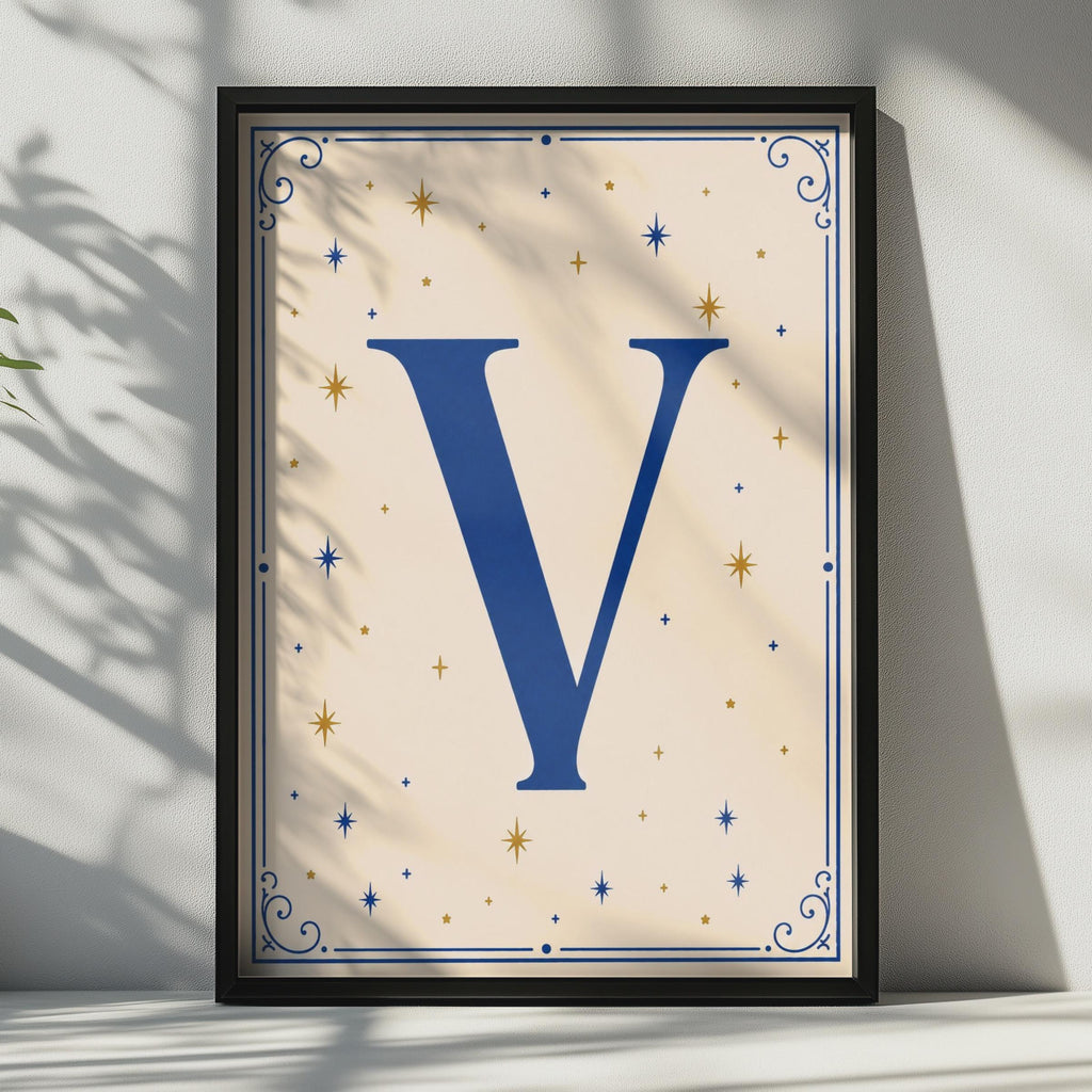 Letter V Poster, Navy Blue Gold Star Celestial Monogram, Initial Wall Art Gift