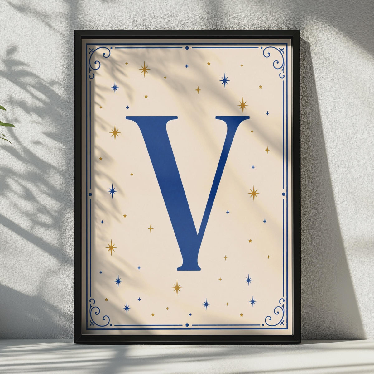 Letter V Poster, Navy Blue Gold Star Celestial Monogram, Initial Wall Art Gift