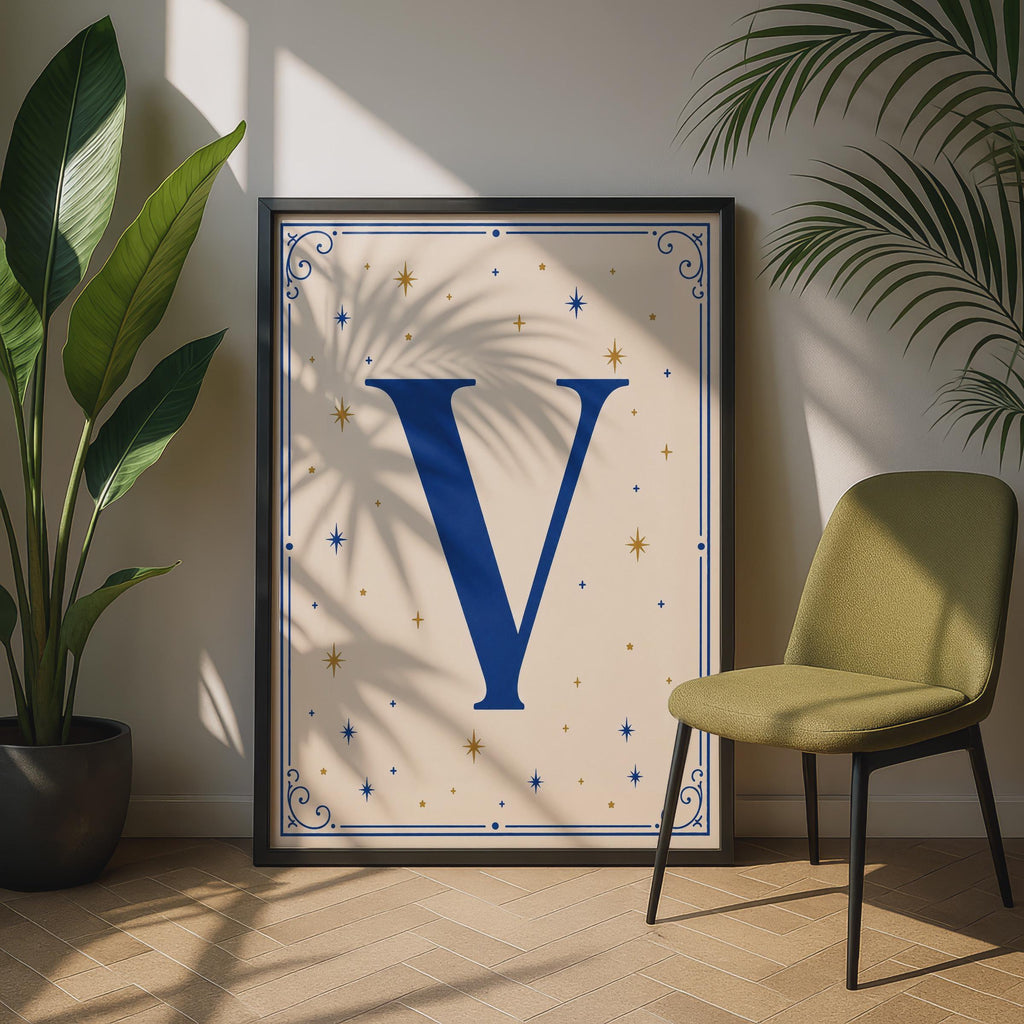 Letter V Poster, Navy Blue Gold Star Celestial Monogram, Initial Wall Art Gift