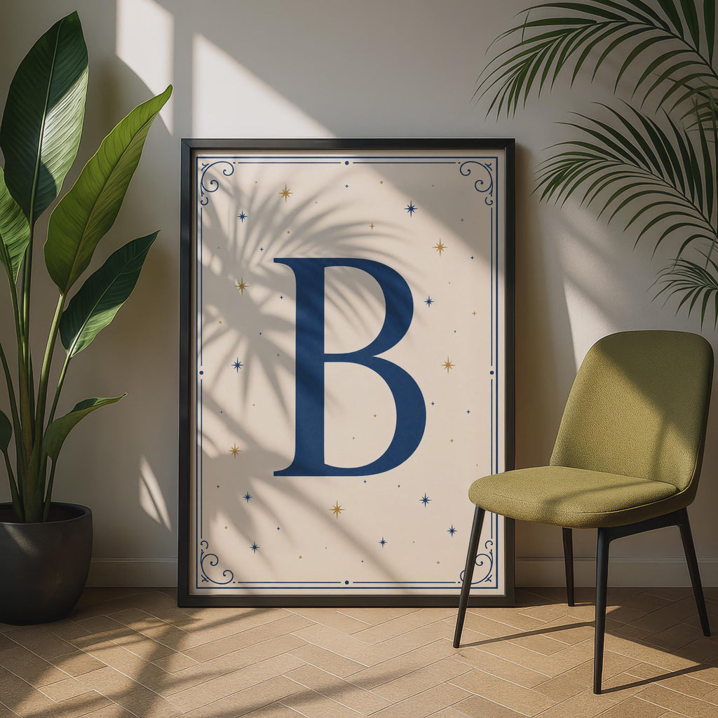 Letter B Initial Poster, Navy Blue Gold Star Celestial Monogram Wall Art Print