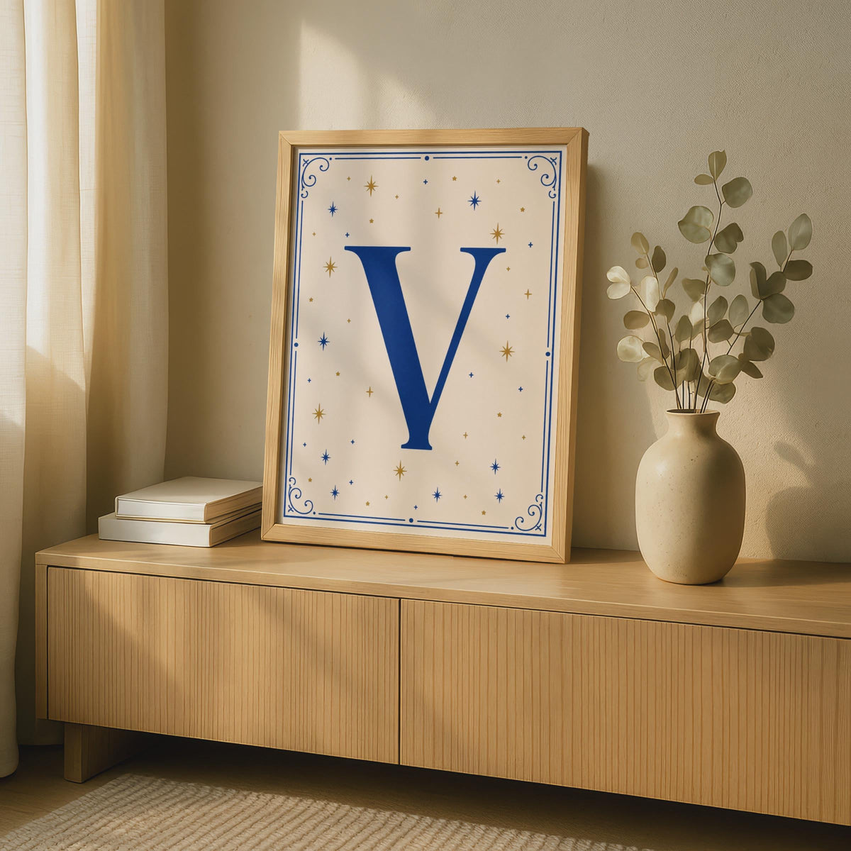 Letter V Poster, Navy Blue Gold Star Celestial Monogram, Initial Wall Art Gift