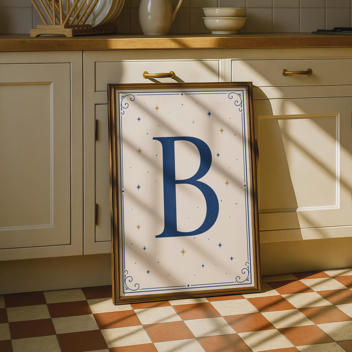 Letter B Initial Poster, Navy Blue Gold Star Celestial Monogram Wall Art Print