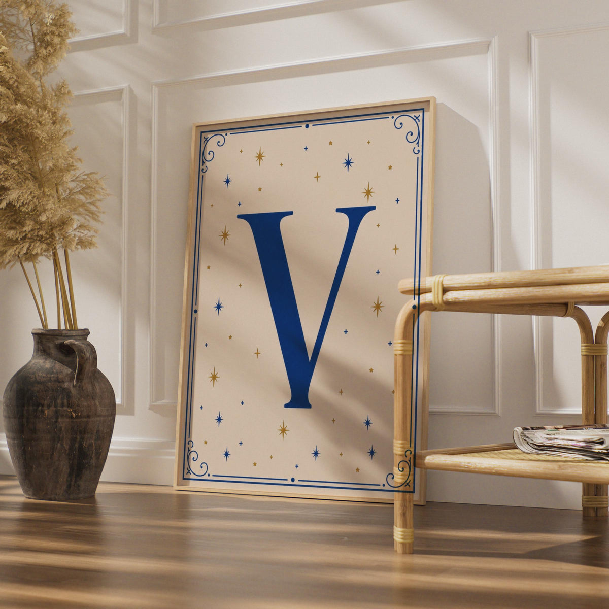 Letter V Poster, Navy Blue Gold Star Celestial Monogram, Initial Wall Art Gift