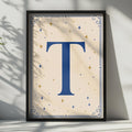 Letter T Initial Poster, Navy Blue Gold Star Monogram Wall Art, Celestial Alphabet Print