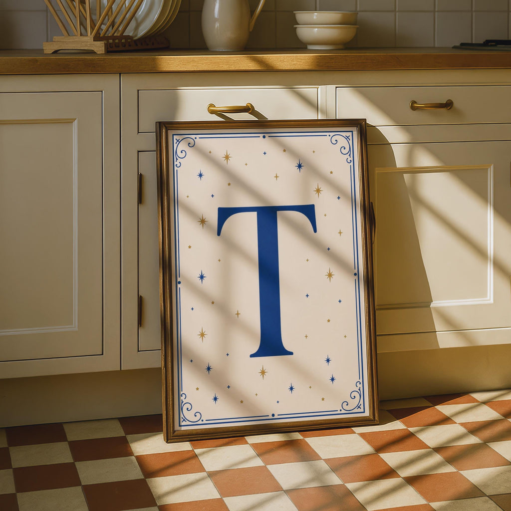 Letter T Initial Poster, Navy Blue Gold Star Monogram Wall Art, Celestial Alphabet Print