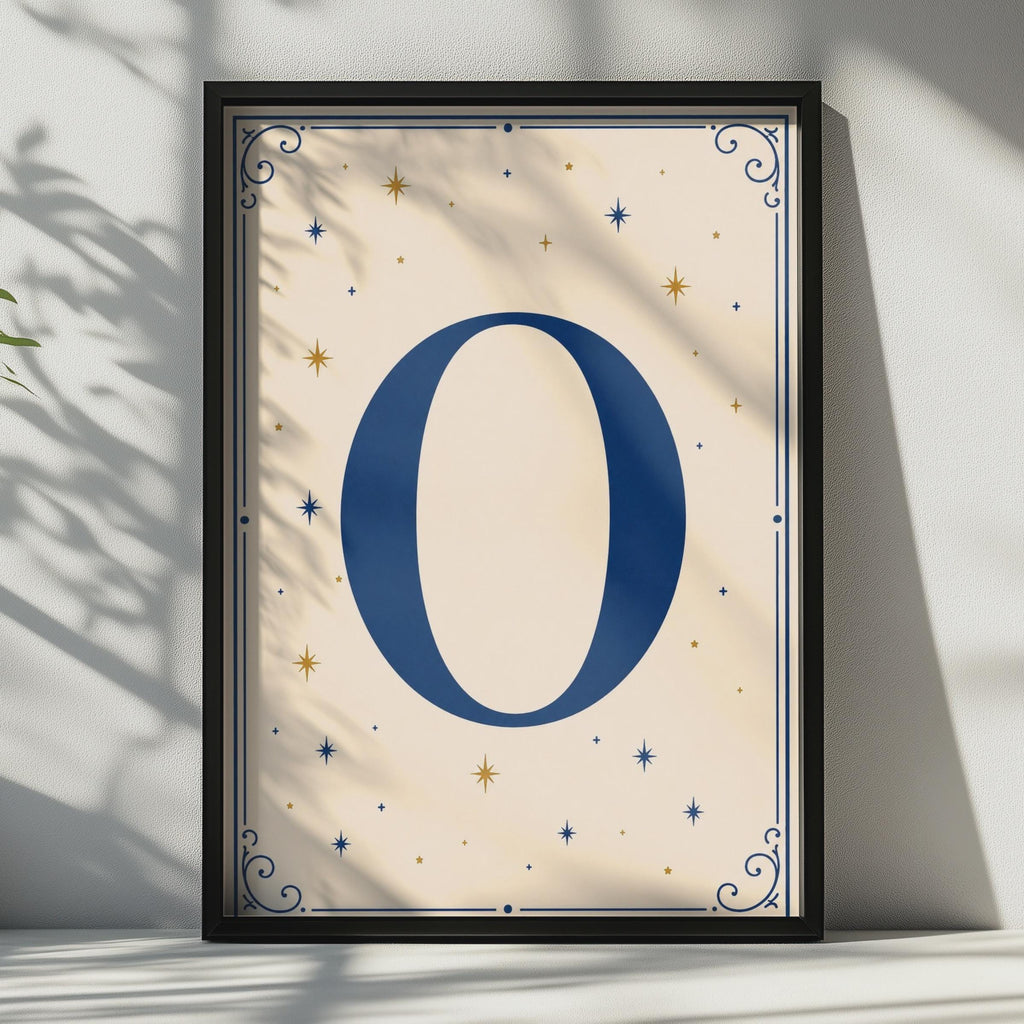 Letter O Celestial Poster, Navy Blue Gold Star Monogram Wall Art, Initial Print